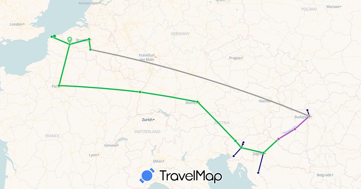 TravelMap itinerary: driving, bus, plane, train in Belgium, Germany, France, Croatia, Hungary, Slovenia (Europe)